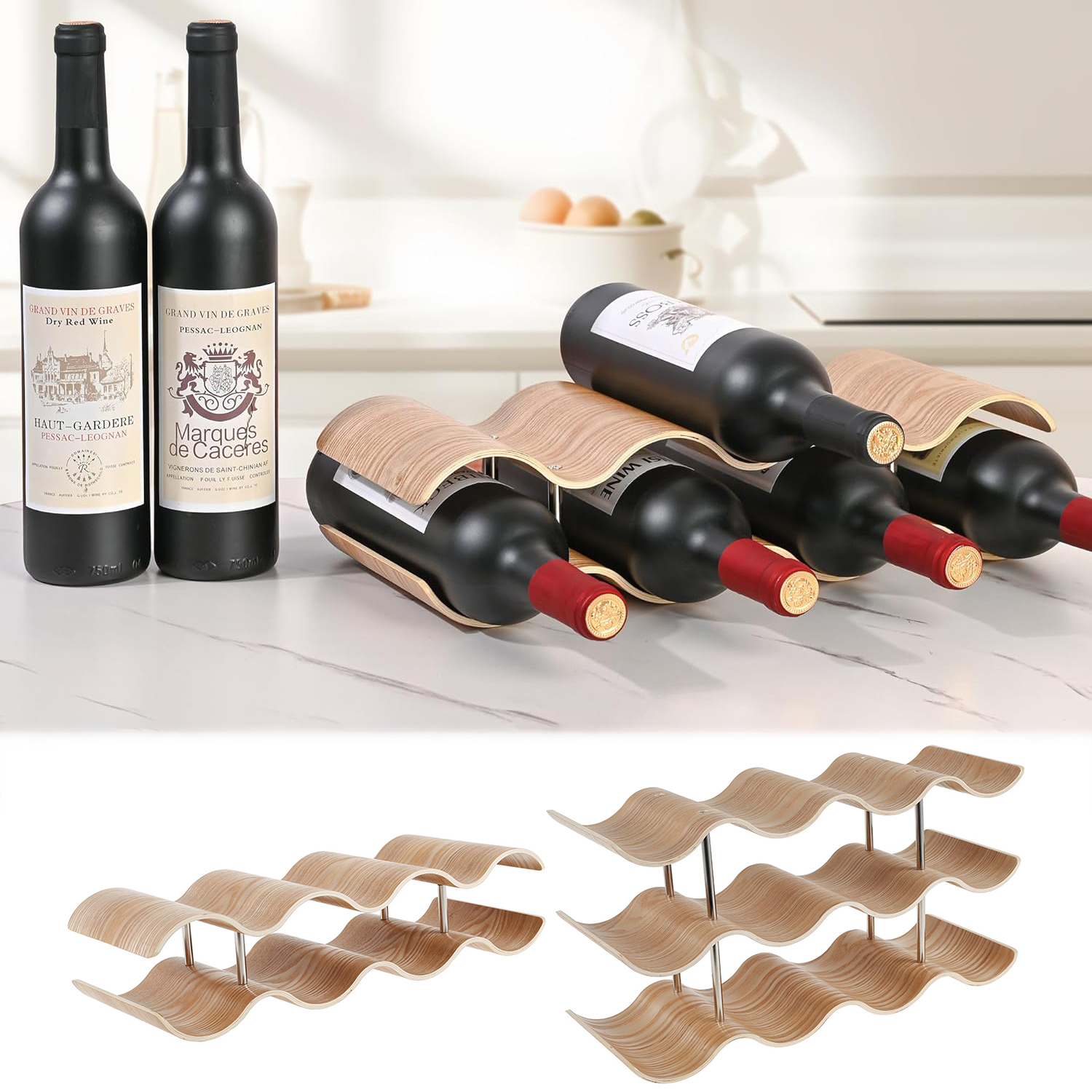 Home Bar And Cabinet - 2/3-Tier Wooden Wine Rack Wavy Wine
