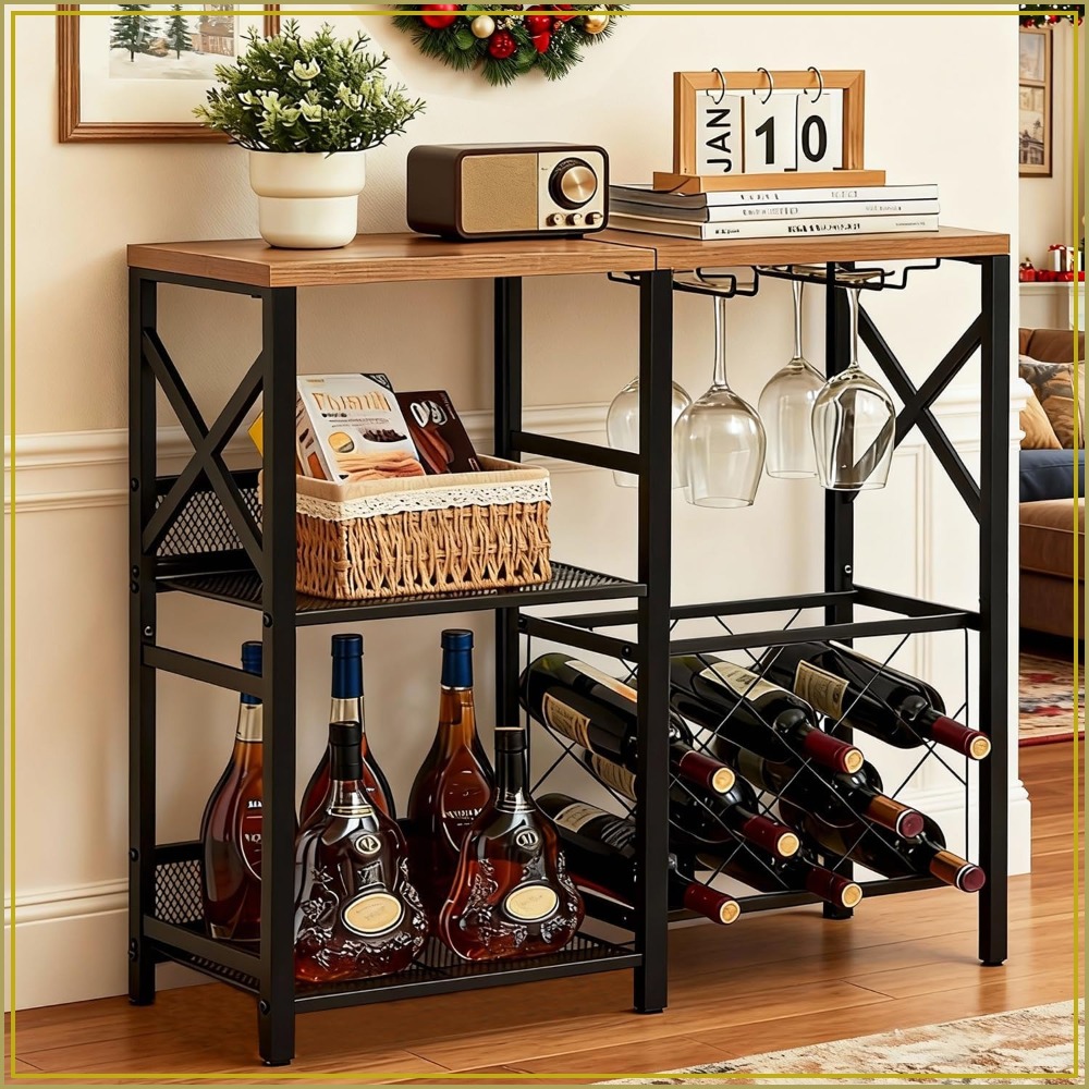 Home Bar Shelf - Rustic Freestanding Wine Rack with Glass